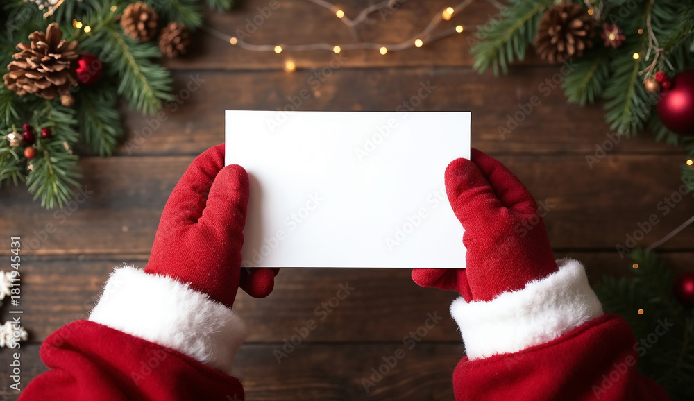 Obraz premium Santa hand holding a blank card mockup on a wooden background with Christmas decorations