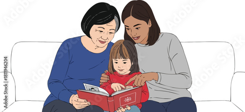 Three generations of women reading together, grandmother mother and daughter sitting on sofa sharing storybook, family literacy and bonding illustration