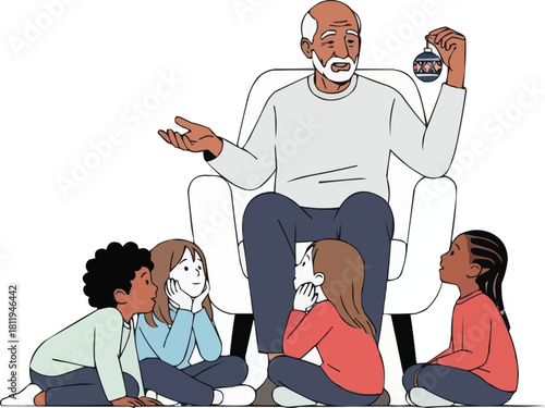 Grandfather Telling Holiday Stories to Diverse Children
