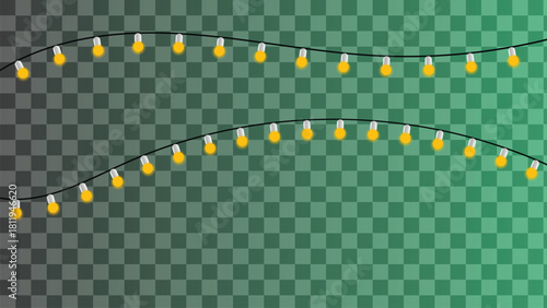 String of yellow glowing light bulbs on a transparent background