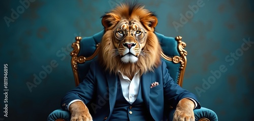 Lion wears smart blue suit, waistcoat, round glasses. Sits confidently on luxury blue throne chair. Powerful animal embodies leadership, business acumen, royal intelligence, wise king in studio