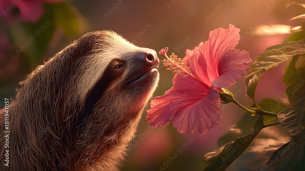 Fototapeta premium Tranquil Sloth Embracing the Warm Golden Sunlight and Exquisite Pink Hibiscus Fragrance in a Softly Illuminated Tropical Garden