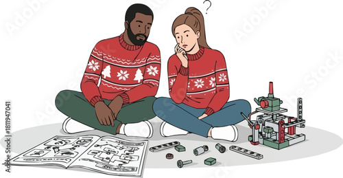 Couple Confused Assembling Christmas Toy, Diverse Man and Woman in Holiday Sweaters Sitting on Floor, Reading Instructions