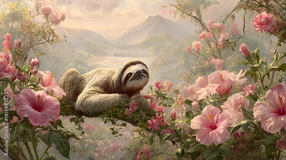 Fototapeta premium Gentle Sloth Immersed in a Dreamy Pastel Landscape of Pink Hibiscus and Soft Golden Hues Radiating Tranquil Elegance