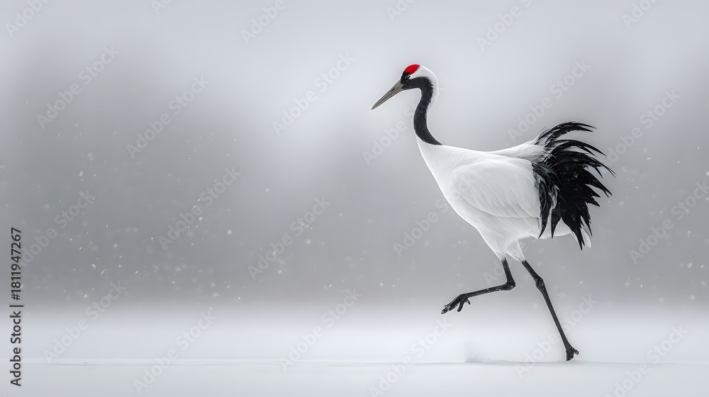 Obraz premium Exquisite Red-Crowned Crane in Elegant Dance on Pristine Snowfield Amid a Timeless Winter Display
