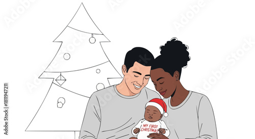 Multiracial Parents Holding Newborn Baby in Santa Hat Near Christmas Tree, First Holiday Celebration at Home, Diverse Family Together