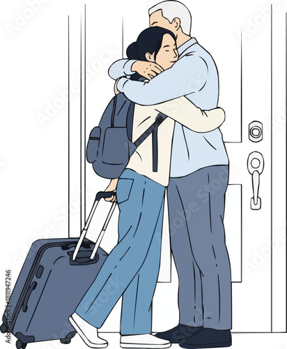 Family member arriving home and hugging, young woman with travel suitcase and backpack embracing man in doorway