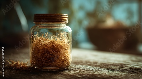 Intricate Close-Up of Fermented Straw in a Vintage Jar for Enhanced Digestion in Ruminant Animals on a Rustic Wooden Table with an Organically Harmonious and Textured Natural Background