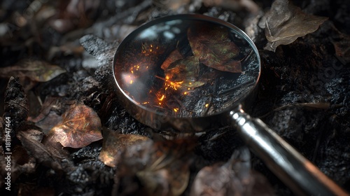 Hyper-Realistic Macro Portrait of a Fresnel Glass Focusing on Decaying Leaves and the Birth of a Tiny Ember on Woodland Soil