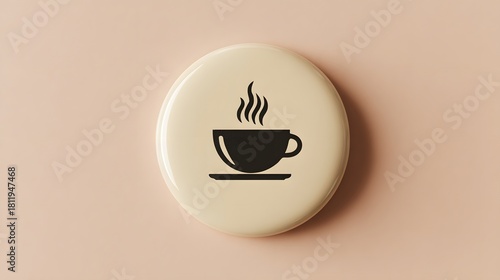 Elegant Minimalist Steaming Coffee Cup Icon on a Cream Colored Round Button Emanating a Vibrant Relaxation Vibe and Artistic Beverage Enjoyment