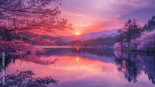 Wallpaper Mural A sunrise or sunset over the river, with the sky painted in shades of purple, orange, and pink, creating a serene and magical atmosphere Torontodigital.ca