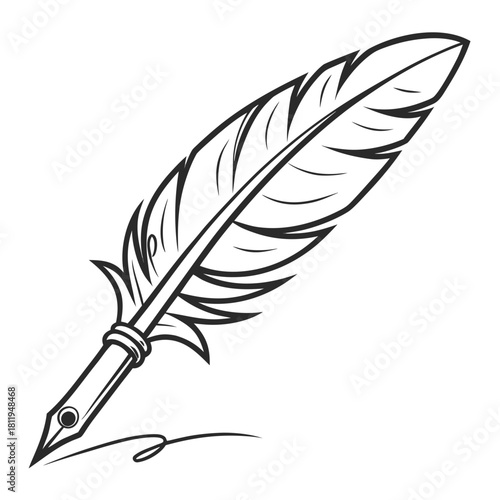 Feather quill pen with ink line and nib detail writing calligraphy