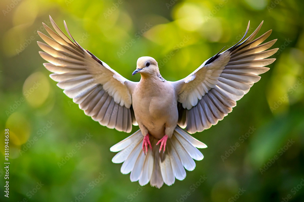 Fototapeta premium White Dove in Flight with Green Bokeh Background, dove, bird, nature, peace