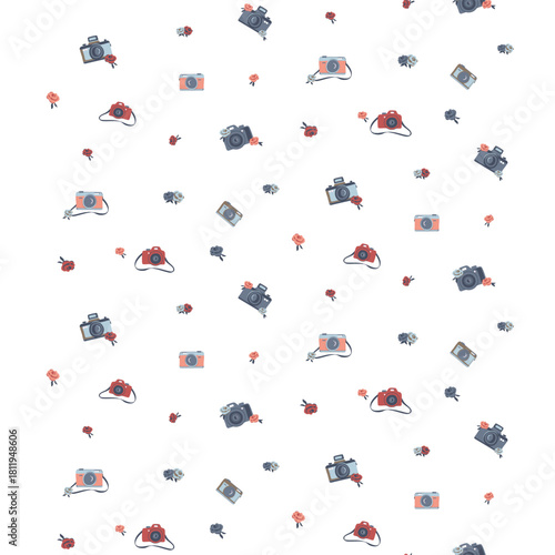 Camera pattern with vintage photo equipment and small red flowers