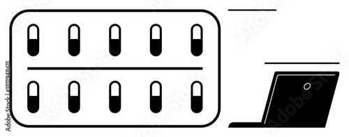 Blister pack of pills paired with a laptop screen emphasizes online health consultations, telemedicine, and digital pharmacy access. Ideal for healthcare, technology, e-commerce, medication