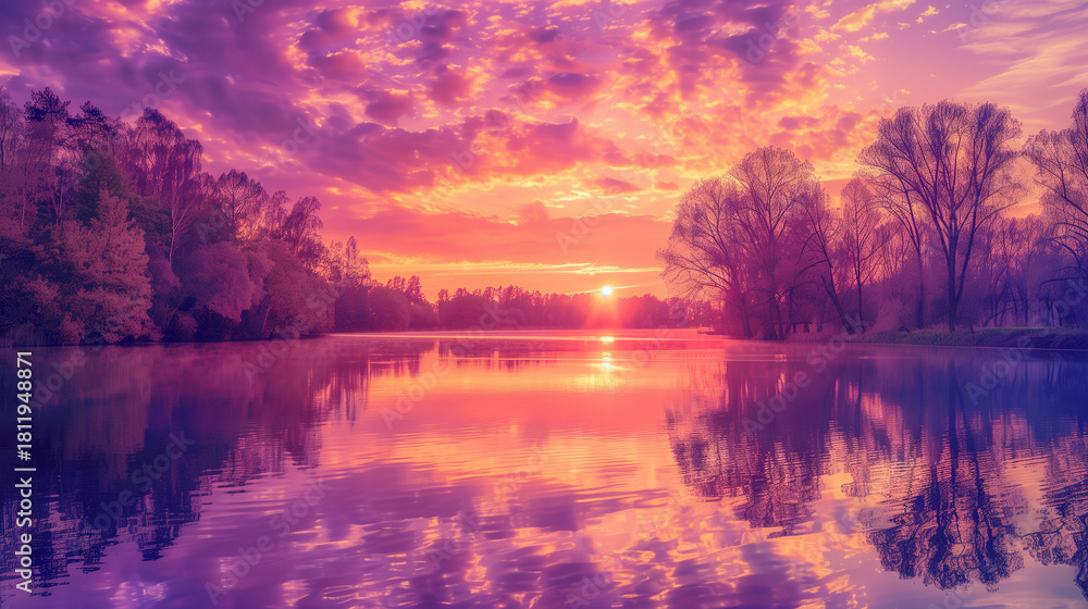 Fototapeta premium A sunrise or sunset over the river, with the sky painted in shades of purple, orange, and pink, creating a serene and magical atmosphere