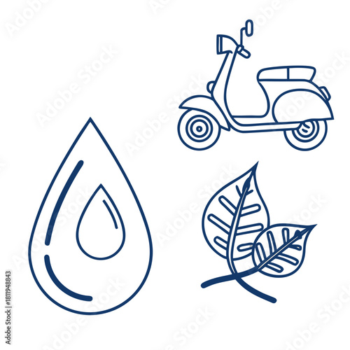 Scooter water drop and leaves icons on white background Keywords: scooter, moped, vehicle