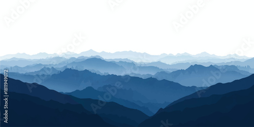 Layers of blue mountain silhouettes create a calming atmospheric landscape