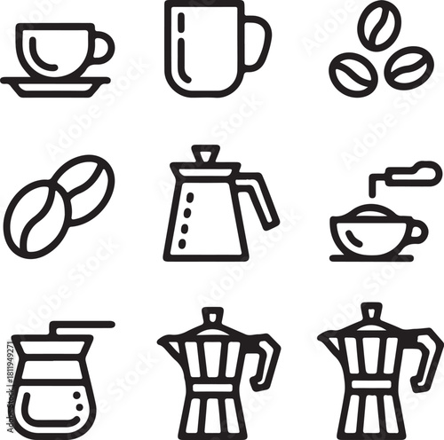 Set of coffee cups and kitchen utensils icons