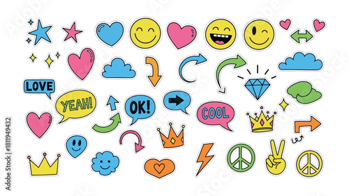 Playful Doodle Collection: A vibrant assortment of hand-drawn icons, from hearts and stars to speech bubbles and emojis, bursting with color and creativity. 