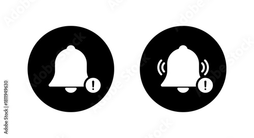 Bell alert with exclamation icon. Warning notification and message symbol in black circle
