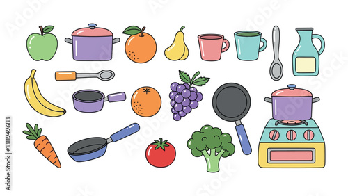 Culinary Collection: A vibrant array of fruits, vegetables, and kitchen tools come together in a colorful display, highlighting the joy and creativity of cooking and preparing food.