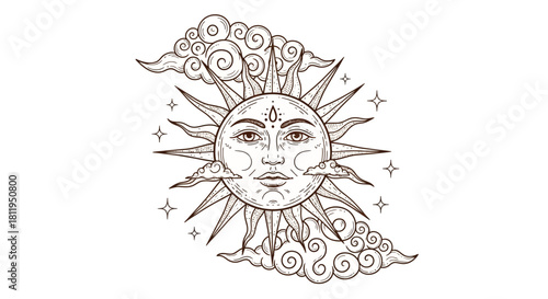 Mystical Boho Sun and Clouds Line Art Illustration - Celestial Design Element