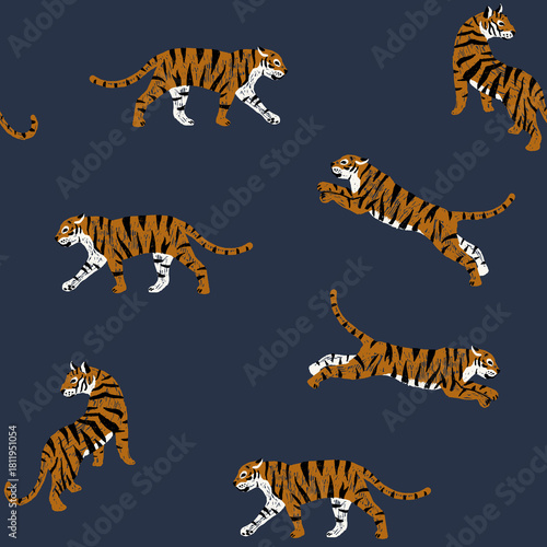 Canvas Print Tiger seamless pattern with wild animals on dark blue