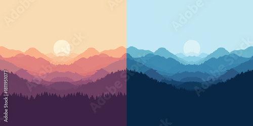 A split landscape illustration showing a sunset and a moonrise scene