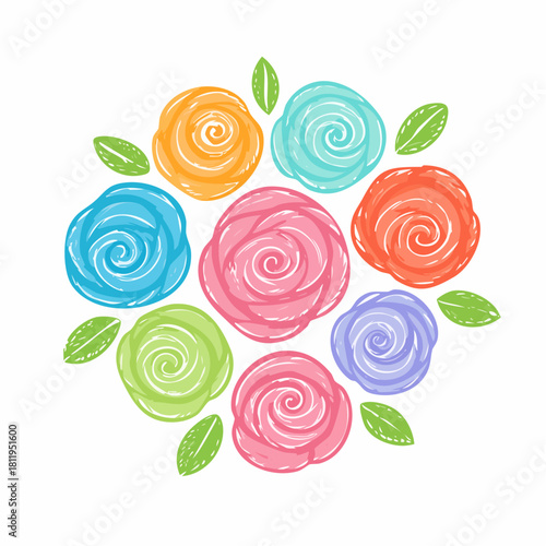 Colorful crayon roses collection. Naive style kid's drawing. Pencil ink drawing flowers and leaves in naive style, childish or primitive drawing. Kids doodle vector illustrations