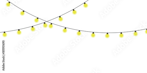 Holiday festive string bright glowing lights hanging on transparent background. vector illustration christmas, wedding, birthday poster, banner, greeting card decoration light