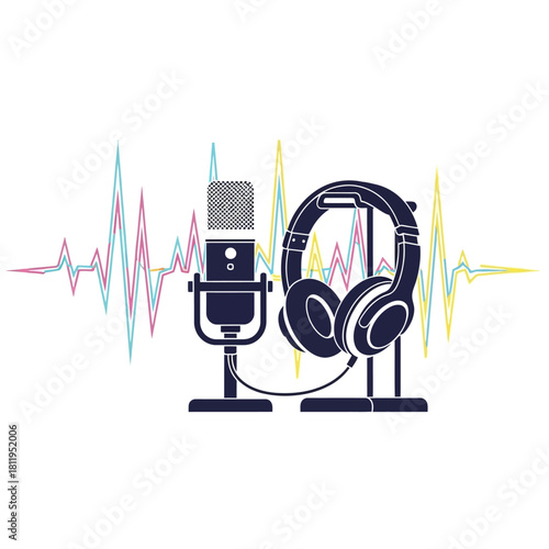 Professional audio recording setup for podcasting and broadcasting, featuring a studio microphone and headphones with a vibrant sound wave background graphic