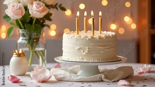Elegant white birthday cake with lit candles and soft floral arrangements evokes a joyous celebration atmosphere perfect for special occasions.