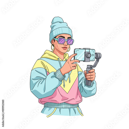 Stylish young woman vlogging with a smartphone on a gimbal stabilizer, creating content for social media, isolated vector illustration