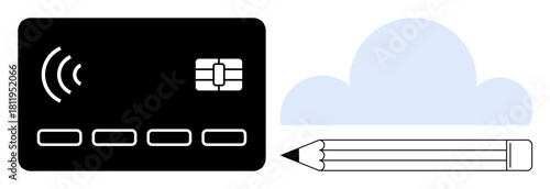 Contactless payment card, cloud icon, and pencil signify financial technology, cloud storage, and creativity. Ideal for innovation, technology, digital transformation, design education finance