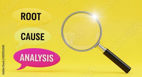 Root cause analysis concept with magnifying glass and speech bubbles on yellow background