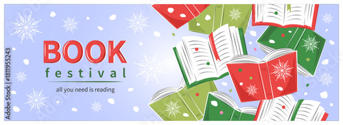 Book festival banner for bookstore, shop or library. Books with winter decor and snowflakes. Vector illustration for poster, cover, marketing, sale.