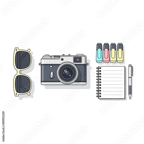 Creative essentials for a traveler or blogger, featuring a retro camera, sunglasses, and a journal for notes