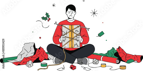Struggling person wrapping Christmas gifts, frustrated DIY holiday gift wrapping, Santa hat, crumpled paper, tape, messy floor, holiday stress illustration