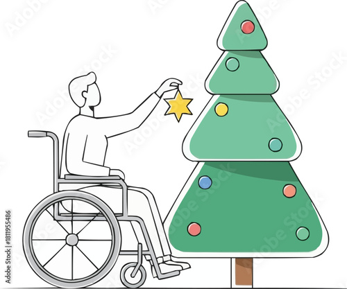 Disabled man in wheelchair placing star on small decorated Christmas tree, celebrating inclusive holiday traditions, accessibility and festive home decoration