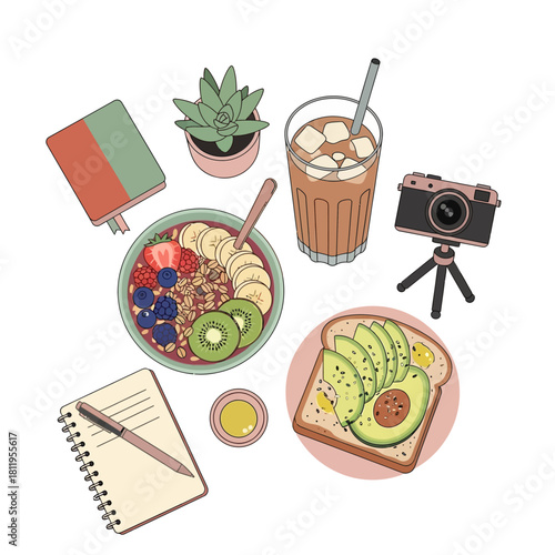 Breakfast scene with healthy food, including avocado toast, smoothie bowl, and iced coffee, flat lay