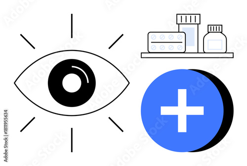 Healthcare concept. Healthcare ed by an eye symbol for vision care, medical pills, and a plus sign. Healthcare promoting health maintenance and medical services. For medical, pharmaceutical, vision