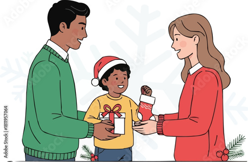 Multiracial Parents Giving Christmas Gifts to Young Son, Diverse Family Celebrating Holiday Together, Father Holding Wrapped Gift, Mother Holding Stocking, Child Wearing Santa Hat