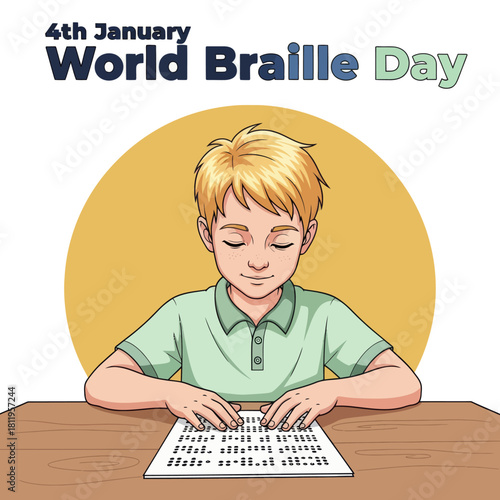 Illustration of a blind boy reading Braille for World Braille Day on January 4th, promoting accessibility, education, and inclusion for visually impaired communities.