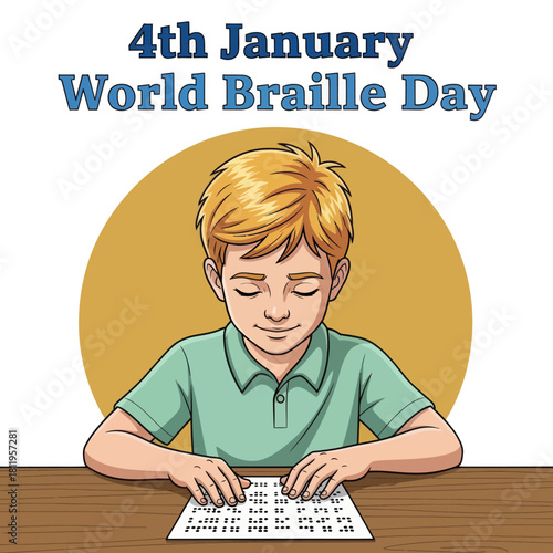 Illustration of a blind boy reading Braille for World Braille Day on January 4th, promoting accessibility, education, and inclusion for visually impaired communities.