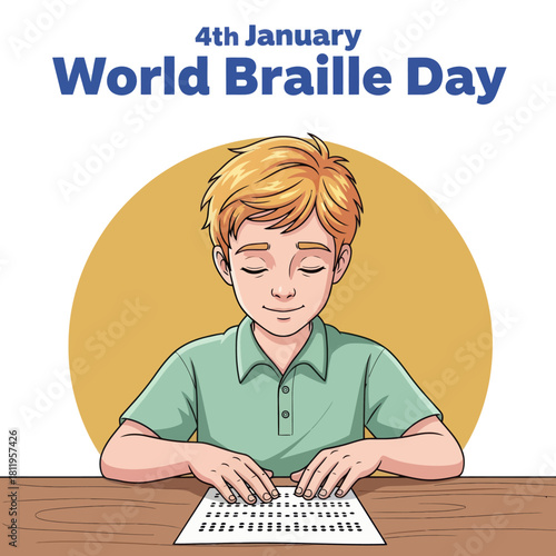 Illustration of a blind boy reading Braille for World Braille Day on January 4th, promoting accessibility, education, and inclusion for visually impaired communities.