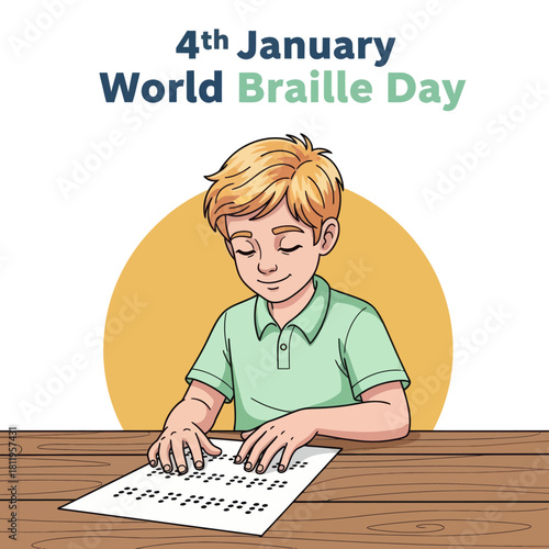 Illustration of a blind boy reading Braille for World Braille Day on January 4th, promoting accessibility, education, and inclusion for visually impaired communities.