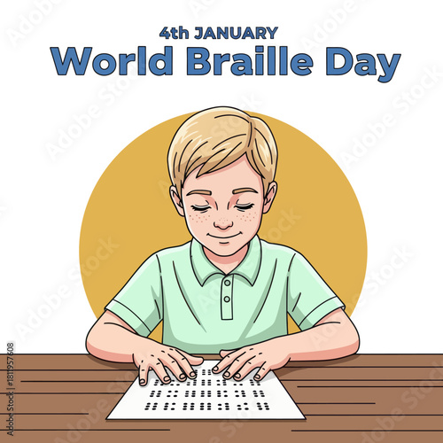 Illustration of a blind boy reading Braille for World Braille Day on January 4th, promoting accessibility, education, and inclusion for visually impaired communities.