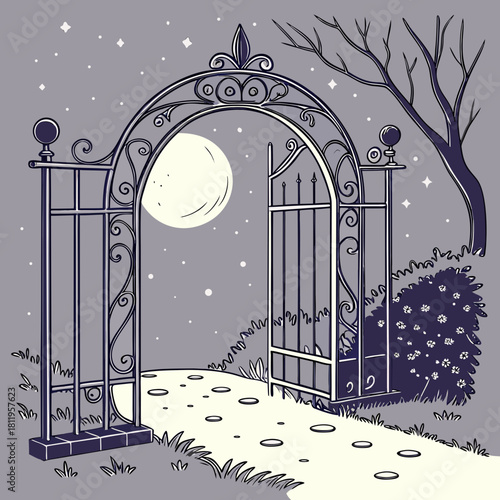 Ornate Garden Gate Open Under a Full Moon and Starry Night Sky entrance arch