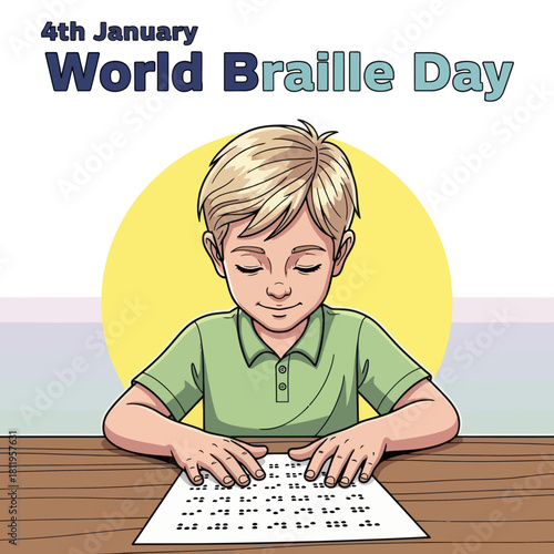 Illustration of a blind boy reading Braille for World Braille Day on January 4th, promoting accessibility, education, and inclusion for visually impaired communities.